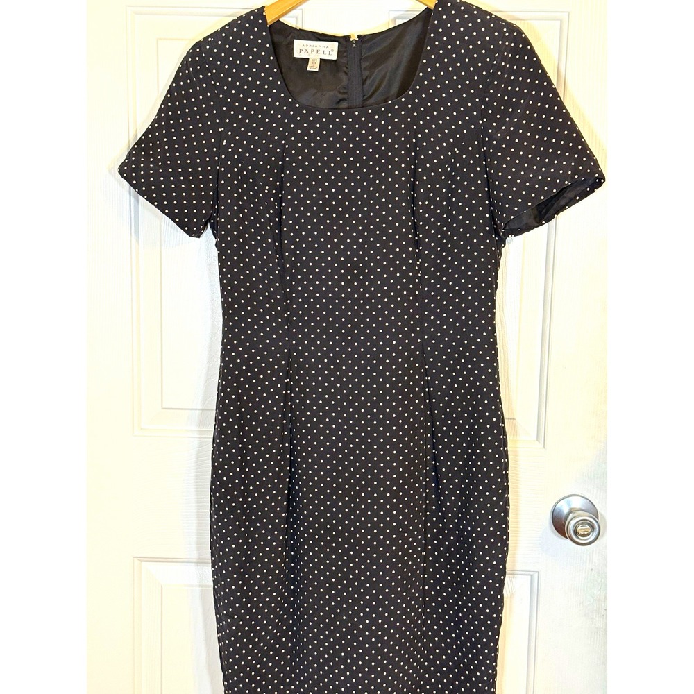 Adrianna Papell Black White Polka Dot 100% Silk Sheath Dress Sz 6 Classic party